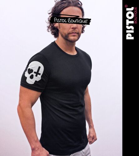 Pistol Boutique Herren schwarz Crew SKULL LOGO Ärmel Print T-Shirt - S/M/L/XL