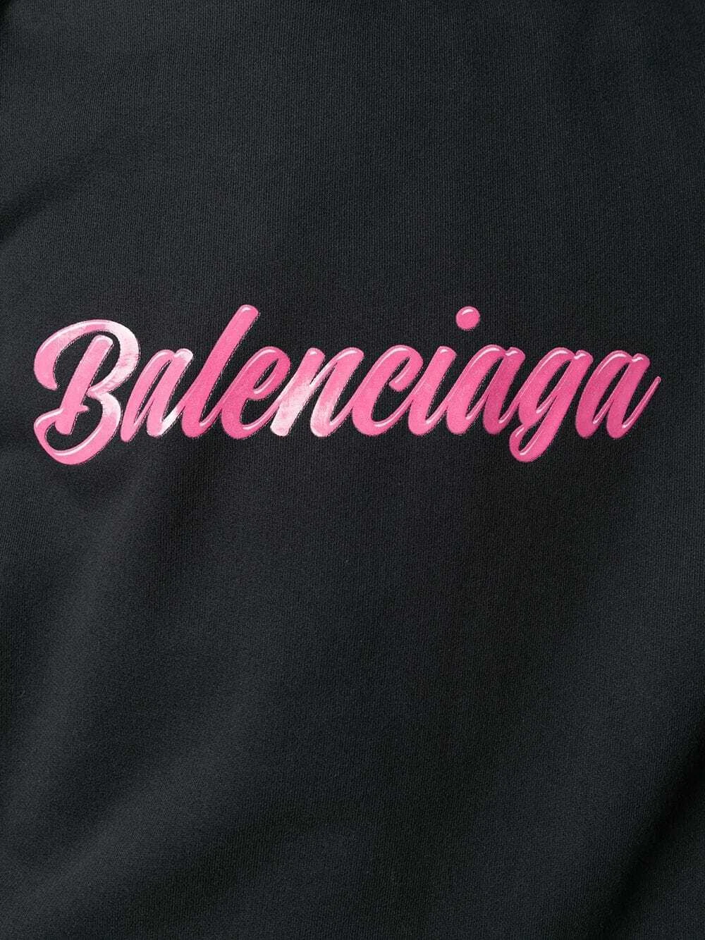 Felpa con cappuccio Balenciaga con schienale lucido tirata nero rosa logo stampato pile spazzolato uomo
