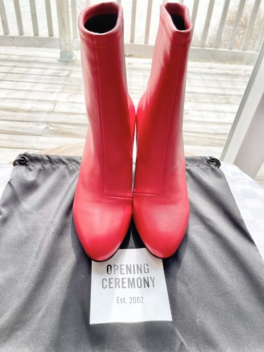 Opening Ceremony Dylan Stretch Red Leather Chrome Block Heel Boots Size 39/9M - Picture 6 of 18
