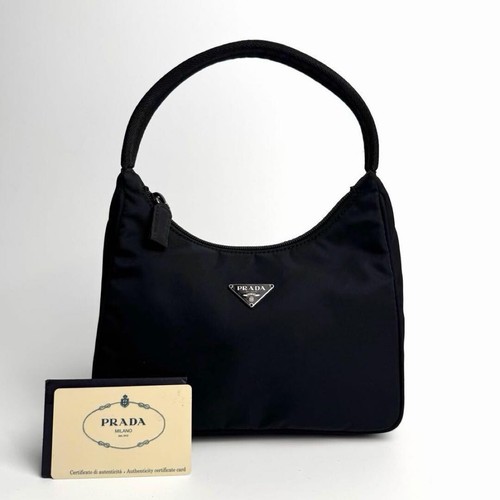 Prada Triangle Logo Nylon Hobo Shoulder Bag Black Tessuto with Card 99380