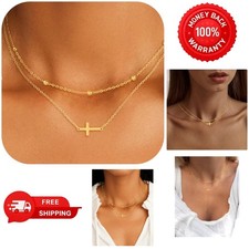 Cross Necklace for Women Dainty 14K Real Silver Gold Plated Layered Cross Pen...