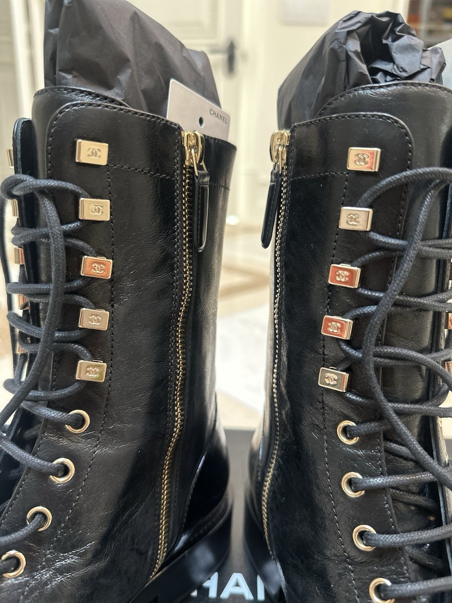 Chanel 21P Black Calfskin Leather Lace Up Boots with side zipper