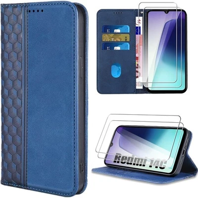 Coque pour Redmi Note 14 5G Note 13 Pro 14C 13C A3 Synthécuir + 2 Verres Trempés