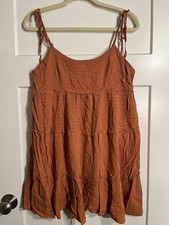 SHEIN Womens L Rust Orange Swiss Dot Tiered Mini Dress Tie Strap Smocked Boho