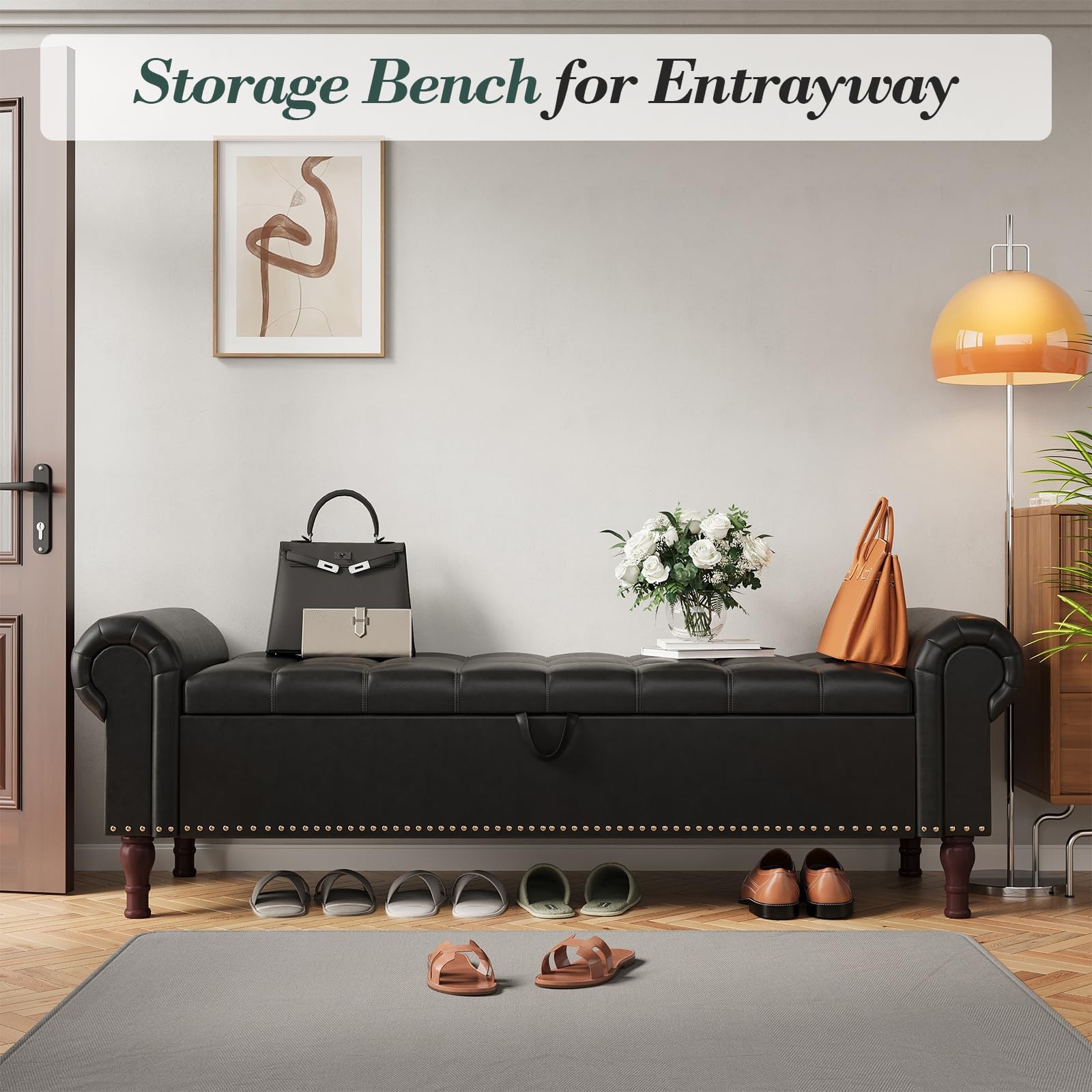 PU Leather Black Large 60 Inch Storage Bench For Bedroom End Of Bed Queen Size