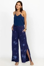 NWOT Johnny Was Wide Leg Embroidered Floral Pants Size L Blue Elastic waist