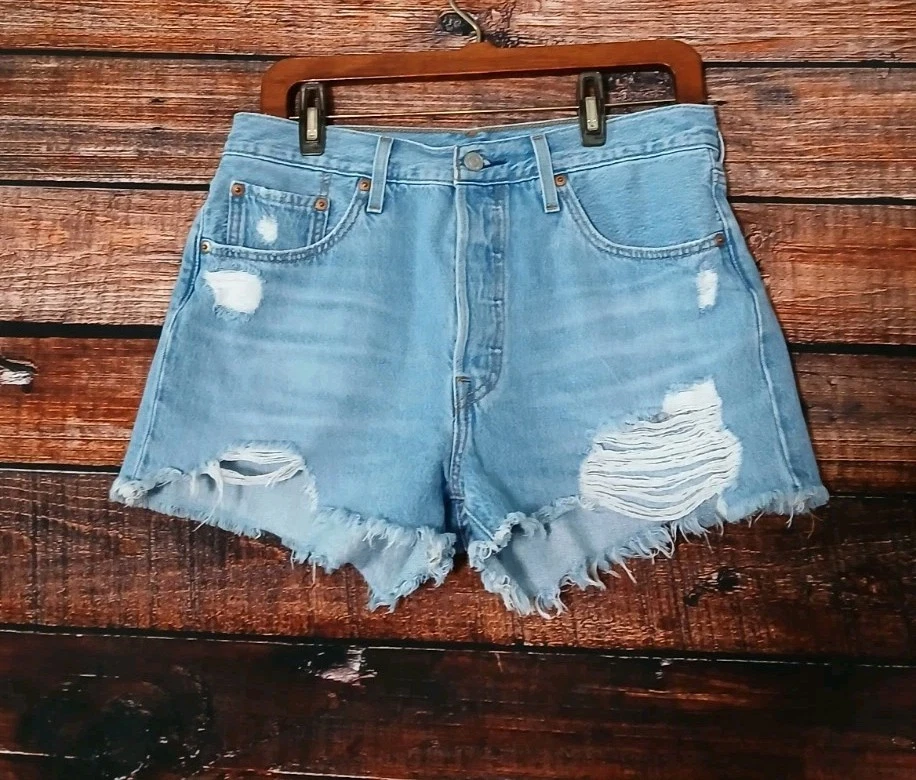 Pantalones Cortos de Jean Levi's 501 Original Talla 8 Cortes Botón Mosca tiro alto desgastados Foto 3 de 4