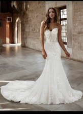 Strapless Sweetheart Lace Embroidery Mermaid  Dress White with Train SIZE L