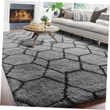 6x9 Area Rugs for Living Room Bedroom, Washable Large Fluffy Grey and Black