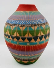 Navajo Native American 10"x8" Etched Pottery Vase by Lorenia Watchman