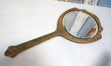 Vintage Handheld Vanity Beveled Mirror Art Deco Textured gold Design 15"