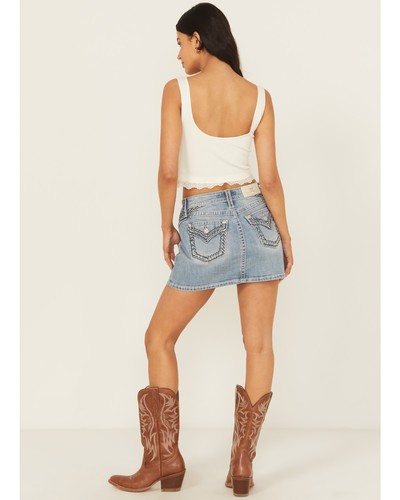 Miss Me Women's Light Wash Mid Rise Embroidered Denim Stretch Mini Skirt -