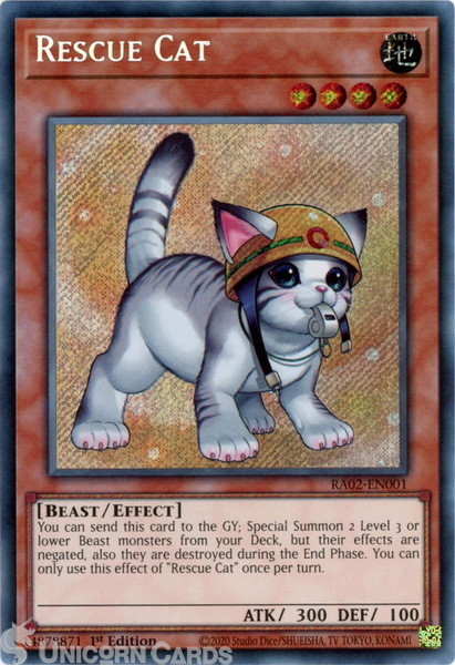 RA02-EN001 Rescue Cat Alt Art : Secret Rare 1st Edition YuGiOh Card