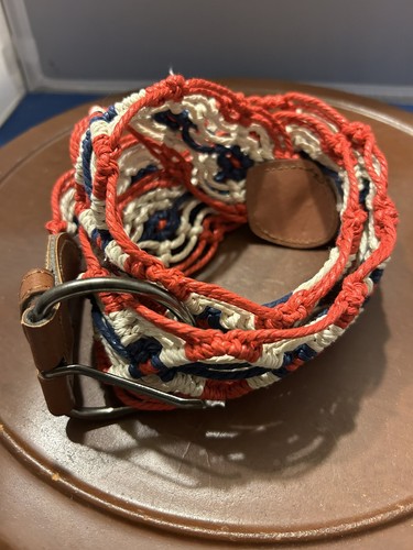 Vintage Braided Leather Accent Belt Size 9 Red White Blue Boho Western Hippie