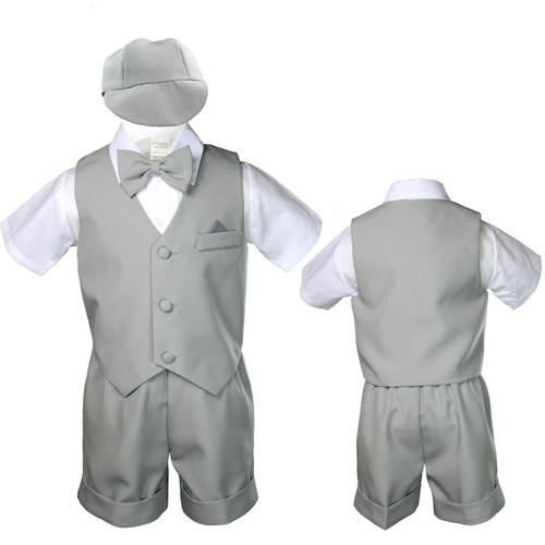 Infant Boy & Toddler Gray Black Khaki Hat Bow Tie Vest Shorts Outfits - Picture 6 of 10
