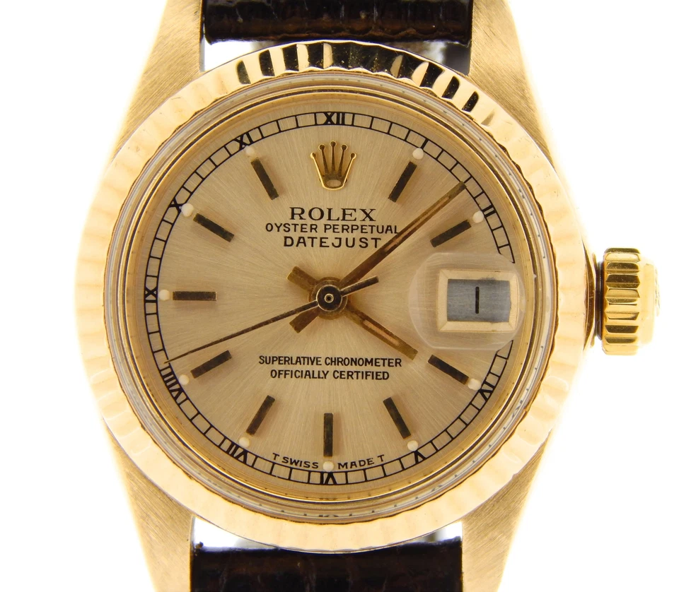 Женские часы Rolex Datejust из чистого 18-каратного желтого золота с кожаным ремешком циферблат цвета шампанского 6917