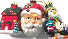 Glass Christmas Ornaments House Santa Head and Penguin 3" Tall 3 Small Christmas