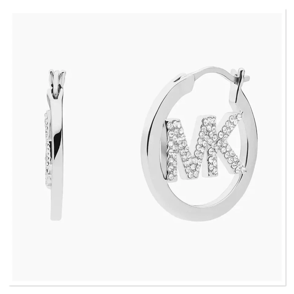 MICHAEL KORS Silver Tone Brass Pave Logo Hoop Earrings MKJ7636040 — 第 3/4 张图片