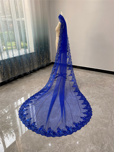 New Royal Blue Bling Sequins Lace Wedding Veil Colorful Bridal Veil with Comb - Picture 12 of 18
