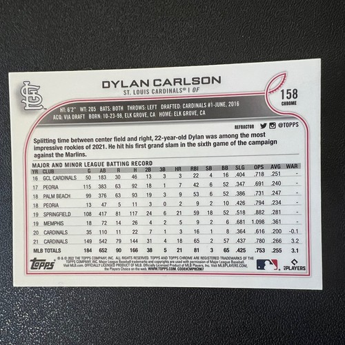 2022 Topps Chrome Refractor Dylan Carlson #158 - Rookie Gold Cup - Picture 2 of 2