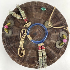 ANTIQUE VTG SEWING BASKET Lid Coins Chinese Bamboo Peking Glass Beads Decor