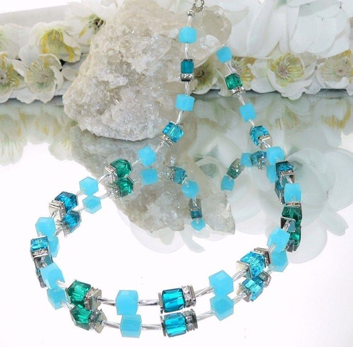Halskette Würfelkette Würfel Kristall Glas petrol blau grün türkis Strass 058b - Bild 10 von 11