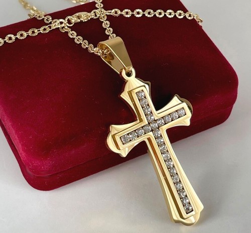Collana in acciaio inox croce pendente cristalli oro giallo 999 placcato oro 24 carati 60 cm - Foto 3 di 9