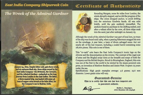 Admiral Gardner - Madras (1808) Shipwreck Treasure 10 Cash NGC (Clear Box) - Picture 5 of 6