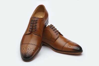 Men Bespoke Handmade Genuine Brown Leather Oxford Brogue Toe Cap Derby Shoes