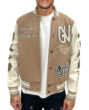 Men's Avenue George V Paris Varsity Jacket Beige Patchwork Leather Sleeve XL