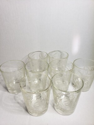 Vintage Libby Rocks Glasses Set Of 8 White Fruit Scrolling Cherry Floral Pattern