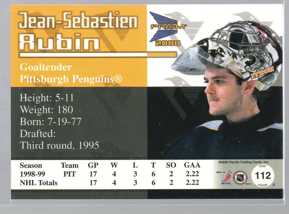 * 1999-00 Pacific Prism Holographic Mirror #112 - Jean-Sebastien Aubin [151/160] - Image 2 of 2