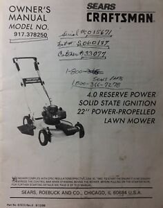 Sears Craftsman 917.378250 Walk Behind 22" Lawn Mower Owners Manual 4.0