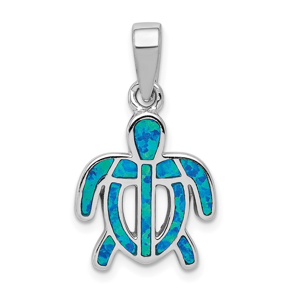 Sterling Silver Polished Lab Created Blue Opal Inlay Tortoise Pendant 1.77gm