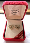 Vintage heart shape pierced earrings Austrian crystal cz pearl IOB red velvet