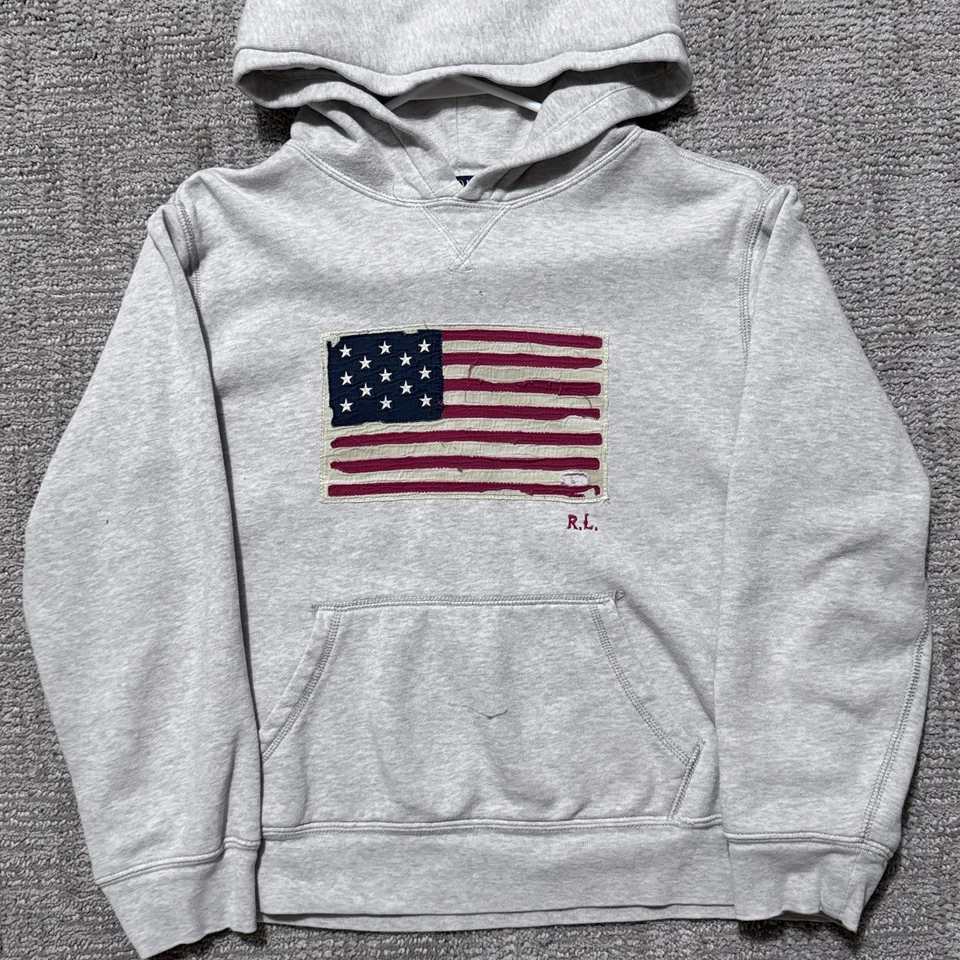 Sudadera con Capucha Polo Ralph Lauren Vintage Talla Juvenil Grande 14-16 Bandera Grande Gráfico EE. UU. Foto 2 de 4