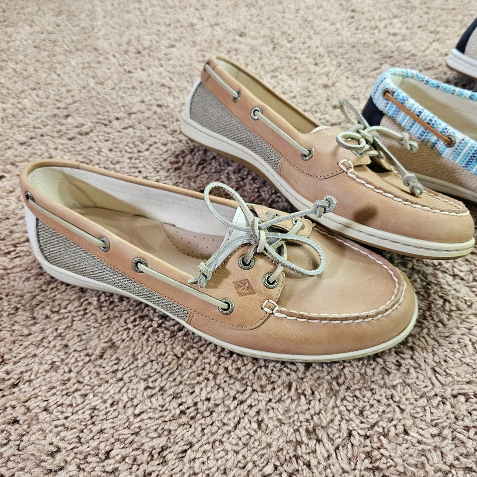 Lote de 2 Zapatos de Barco Sperry Top Sider Para Mujer 10M Tostado Azul Marino Pez Ángel Cuero Foto 2 de 4