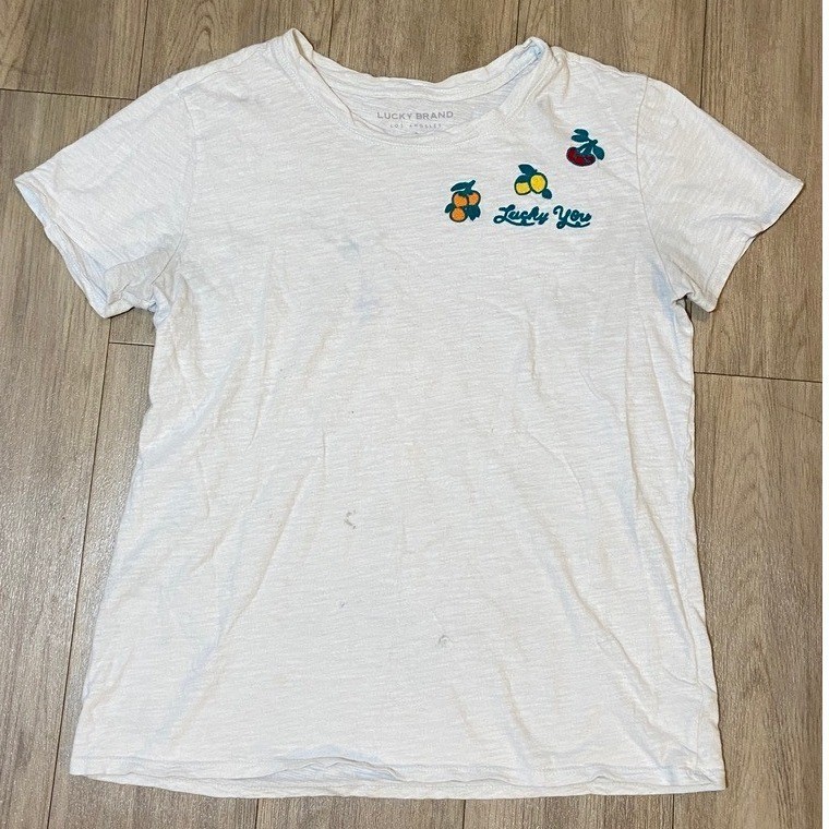 Lucky Brand Womens White Lucky You Fruit Embroidered Graphic T-Shirt Size S