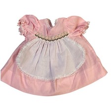 Vintage Pink Baby Doll Dress Puff Sleeve Lace Trim Embroidered Apron Button Back
