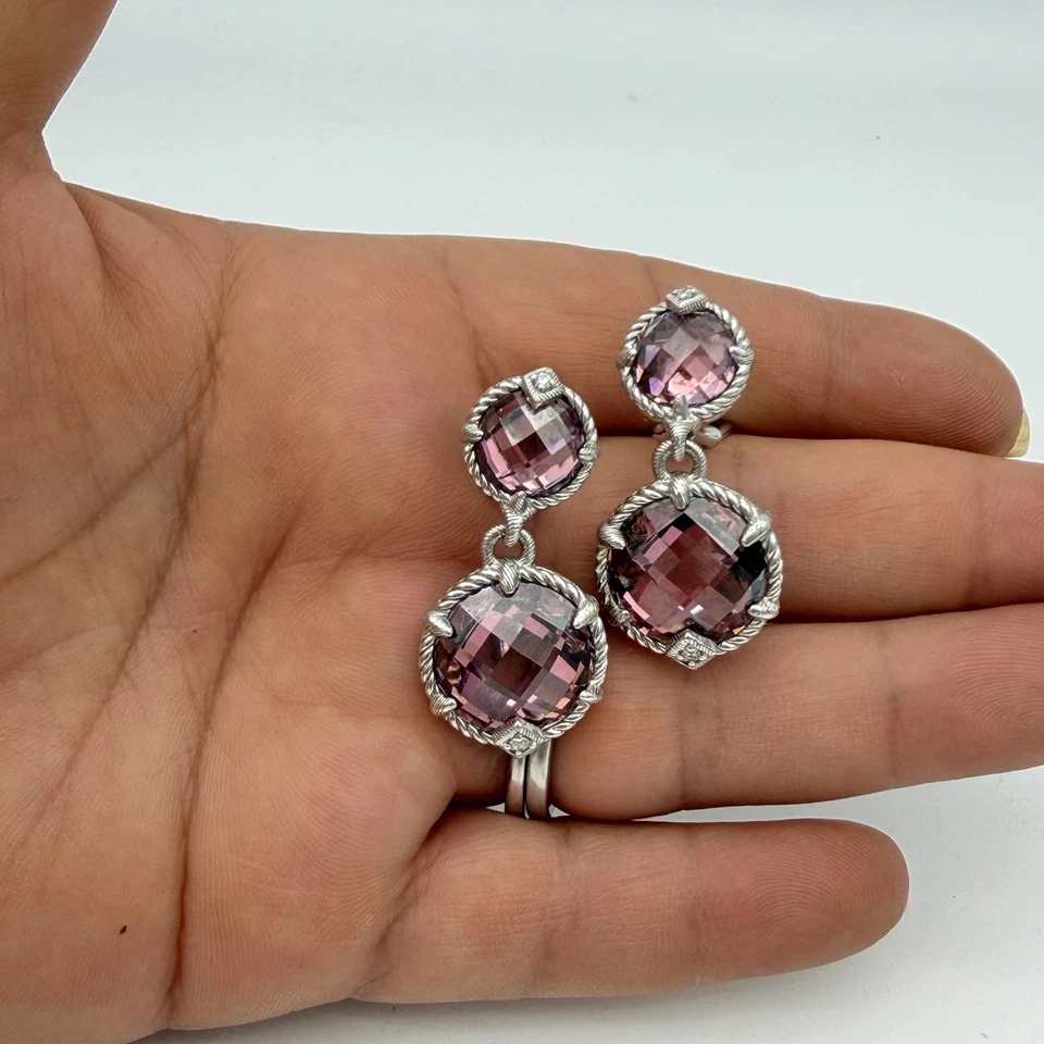 Pendientes colgantes Judith Ripka de plata de ley 925 rosa turmalina caja Omega Foto 3 de 4