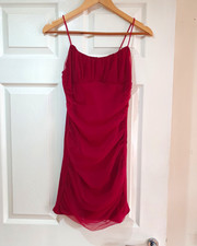 Shein Red Chiffon Slip Dress Square Neck Strappy Ruched Lined Knee Size 8-10