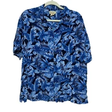 Panama Jack Mens XL Short Sleeve Button Up Shirt Blue Tropical Car Leaf Resort