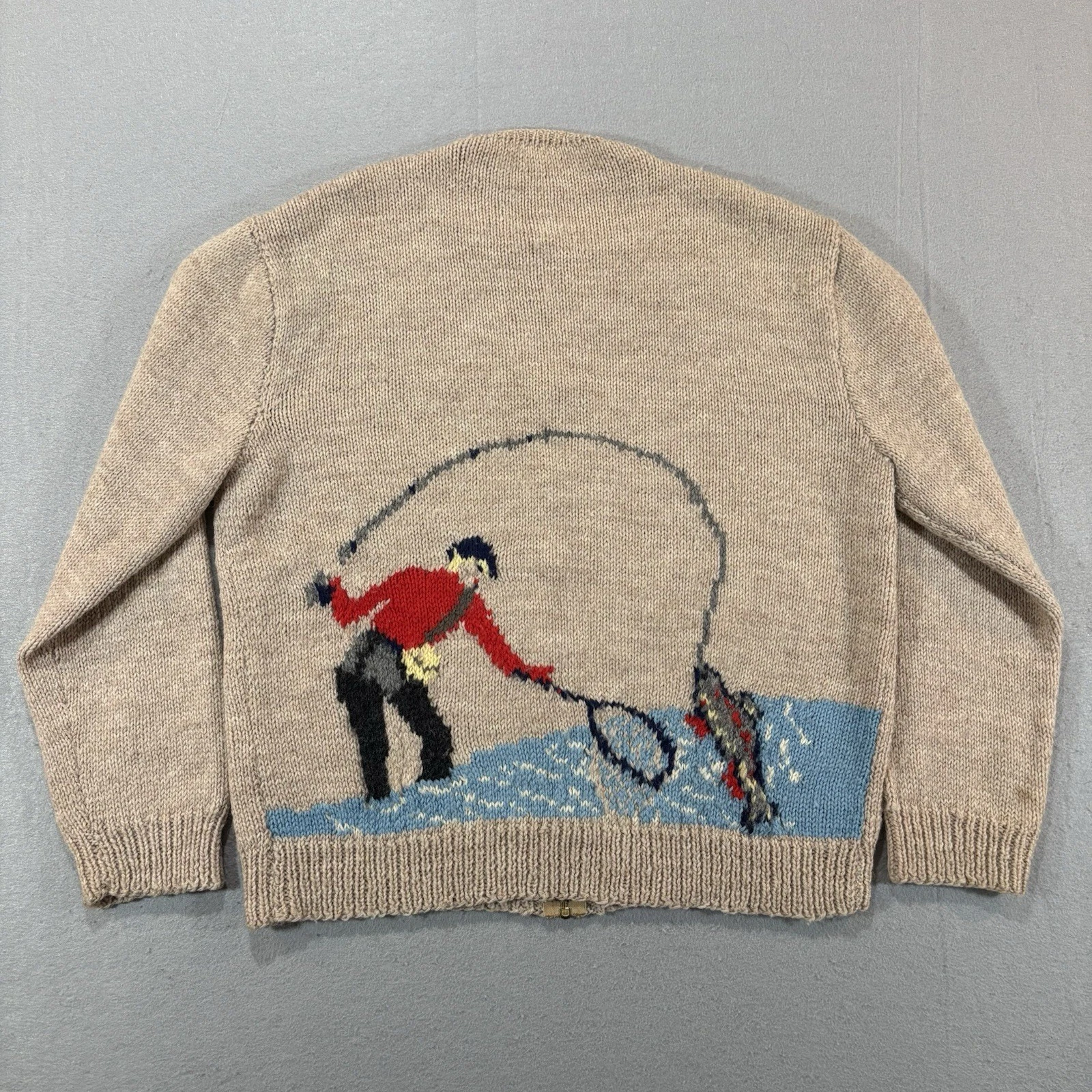 Vintage 60s Cowichan Fly Fisher Full Zip Wool Cardigan Knit Trout Adult 23x26