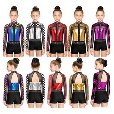Kids Girls Leotard Back Cutout Gymnastics Ballet Unitards Bodysuit Rhinestone
