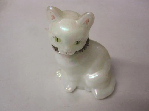 Vintage Fenton Iridescent Opalescent Handpainted Cat Figurine Signed by DeuLey