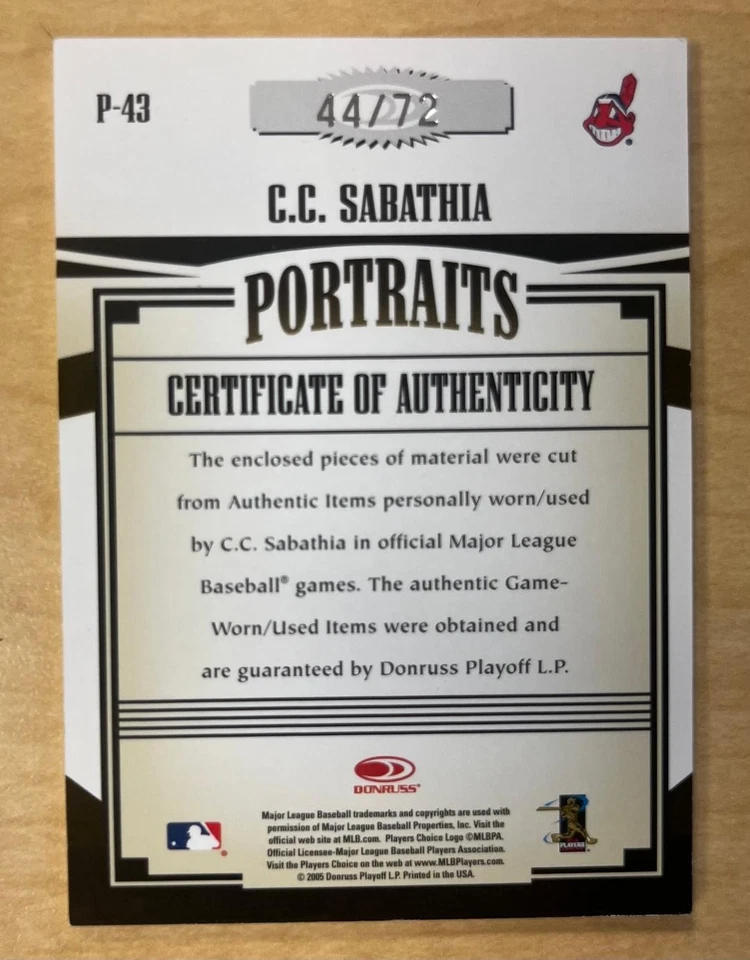 2005 Donruss Prime нашивки P-43 CC Sabathia двойной Джерси Prime нашивка /72 4 цвета - Изображение 2 из 2