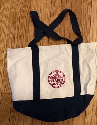 Trader Joe's Canvas Foldable Reusable Shopping Bag White Navy Blue