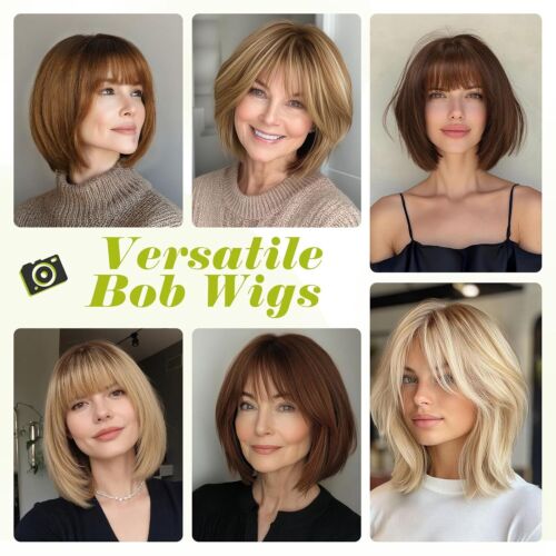 Short Bob Wigs Brown Mixed Blonde Wigs Remy Human Hair for Women with Bangs - Picture 5 of 8