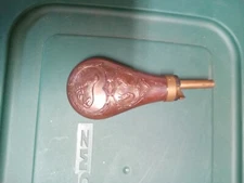  Vintage Copper & Brass Black  Powder Flask Embossed Hunting Dog & Pheasant