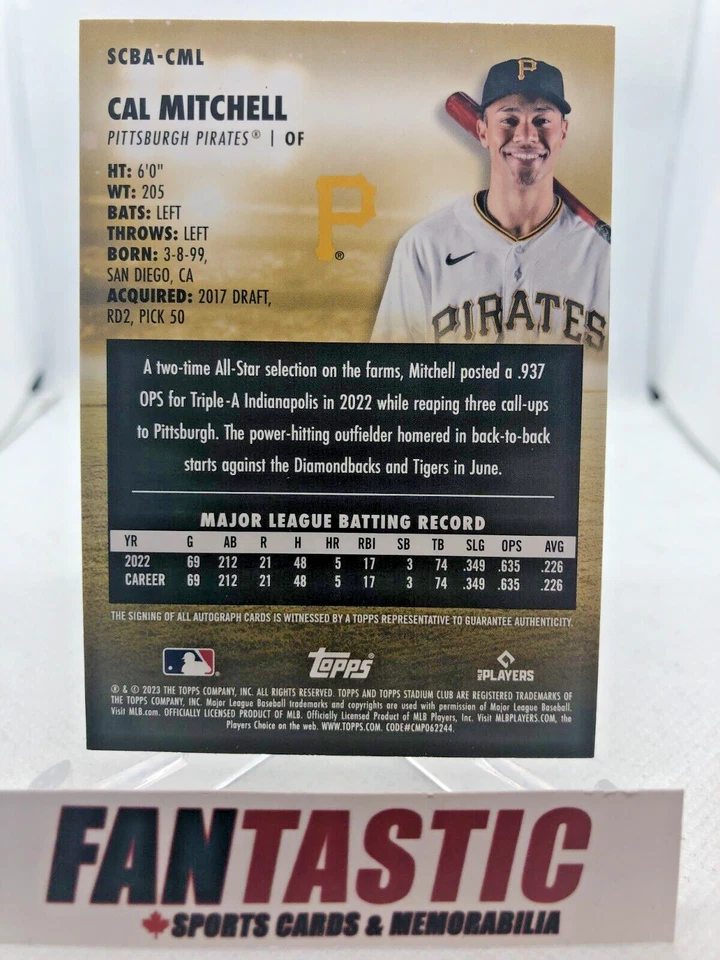Cal Mitchell RC Auto 2023 Topps Stadium Club SCBA-CML Pittsburgh Pirates Rookie - Image 2 of 2
